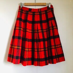 Vintage Red Plaid Wool Box Pleated Skirt High Waist 27W Dark Academia